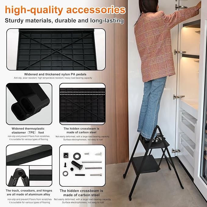 2 Step Ladder,Aluminum Ultra Thin Folding Step Stool,400 Lbs Capacity Heavy Duty with Anti-Slip Sturdy and Wide Tread,Closet Slim Step for Home,Kitchen and Office,Space Saving (Black, 2-Step)