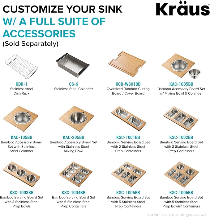 Kraus KWU210-57 Kore 2-Tier Workstation Undermount 16 Gauge Stainless Steel Single Bowl Kitchen Sink with 10 Piece Chef’s Kit of Accessories, 57 inch