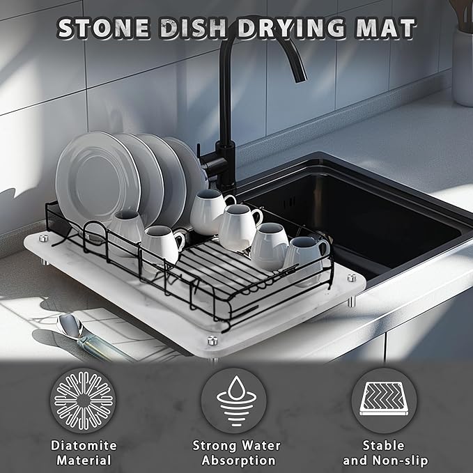 Stone Drying Mat for Kitchen Counter , IPOW Diatomaceous Dish Drying Mats Superb Absorbent，Heat-ResistantFast Drying Stone Mat Kitchen with Non-Slip Stainless Steel Feet（White）