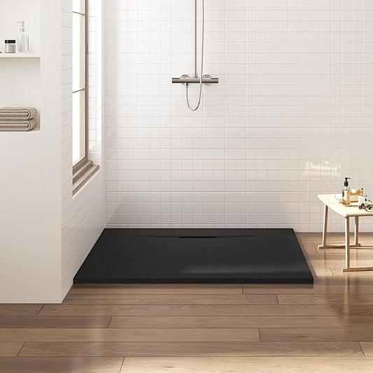 FerdY 47.2"x35.4" Low Threshold Shower Base, Non-Slip SMC Slate Stone Surface Shower Pan with SMC Drain Cover and 3-Sided Aluminum Waterproof Strip, Black