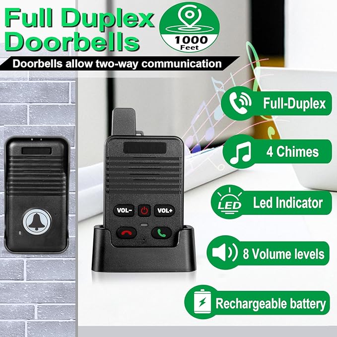 Wireless Doorbell, Hands Free Intercom Doorbells 1000ft Range, Full Duplex Two Way Communication Door Bell for Home, 8 Volume Levels with 4 Chimes & LED Flash (2Pack Black)