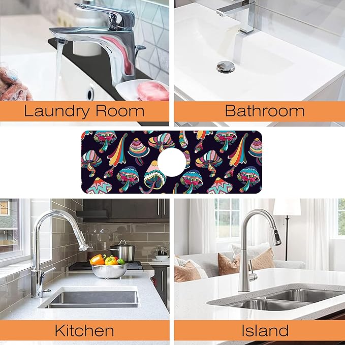 Kitchen Faucet Mat Magic Mushrooms Kitchen Sink Splash Guard Faucet Mat,1 PC Splash Guard Behind Faucet Drip Catcher for Kitchen,Sink Mat,Dish Drying Mat,Bathroom Faucet Mat 15.5""X5.5""