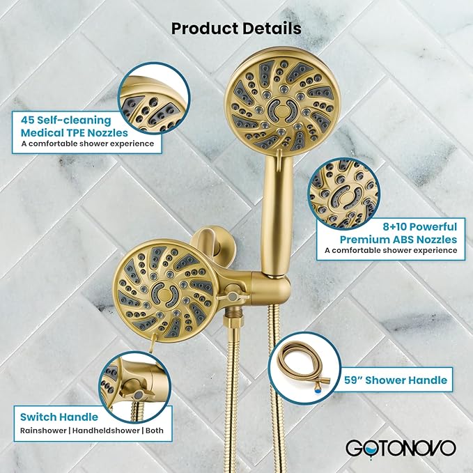gotonovo Dual 2 in 1 Shower Head Kit High Pressure Combo System Shower Faucet 6 Modes ABS Handheld Spray Shower Trim Kit with Valve Shower Head and Handle Set Brushed Gold