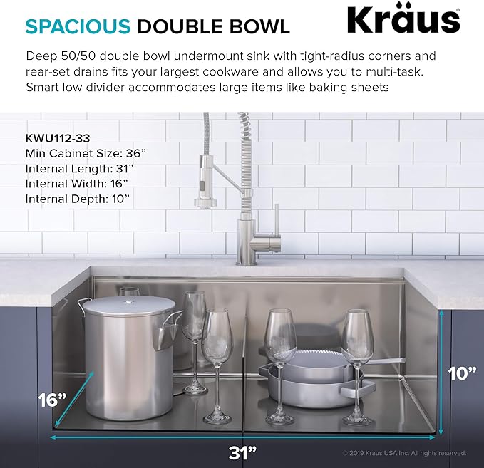 KRAUS Kore™ Workstation 33-inch Undermount 16 Gauge Double Bowl Stainless Steel Kitchen Sink with Accessories (Pack of 8) with WasteGuard™ Continuous Feed Garbage Disposal, KWU112-33-100-75MB