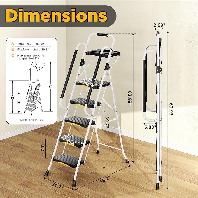 5 Step Ladder with Tool Tray, Folding Steel Step Stool with Safety Lock, Anti-Slip Wide Pedals, Pass 800lbs Load Testing, Handrail, Heavy Duty Ladder for Multi-Purpose, Indoor, Office