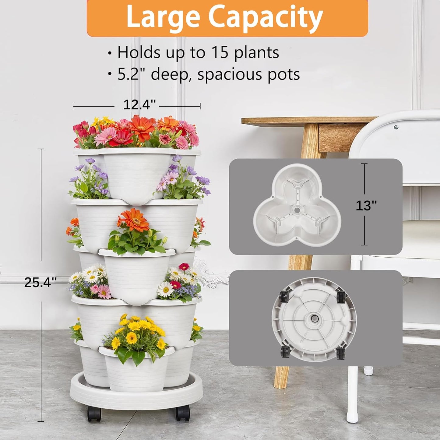 VECELO 5 Tier Vertical Garden Planter, Self Watering Stackable Planters with Wheels for Strawberries, Herbs, Flowers, Vegetables, Gray
