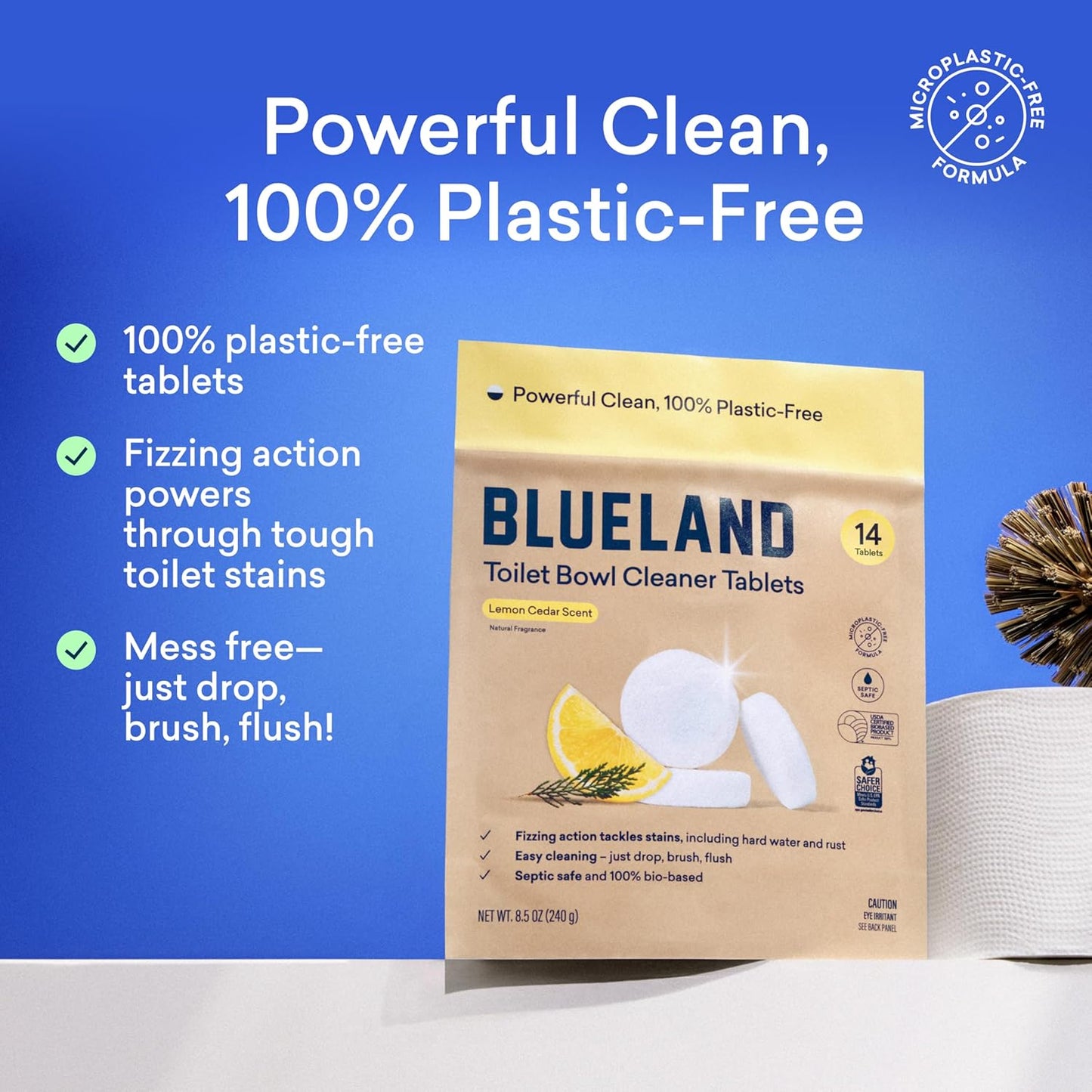 BLUELAND Toilet Bowl Cleaner Tablets, Starter Set, 14 Count with Tin, Lemon Cedar, Plastic-Free, No Harsh Chemicals, Plant-Based