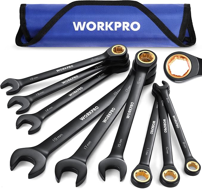 WORKPRO 9-Piece Anti-Slip Ratcheting Combination Wrench Set, Metric 8-19 mm, 72-Teeth, Cr-V Constructed, Black Ratchet Wrenches Set with Roll Up Pouch