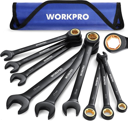 WORKPRO 9-Piece Anti-Slip Ratcheting Combination Wrench Set, Metric 8-19 mm, 72-Teeth, Cr-V Constructed, Black Ratchet Wrenches Set with Roll Up Pouch