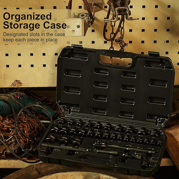 Impact Socket Set, 33-Piece, 3/8" Drive Socket Set with 72 Teeth Reversible Ratchet Wrench, CR-V, 6 Point, SAE/Metric, 5/16 Inch - 7/8 Inch, 6mm - 24mm, Mechanic Tool Kits for Men