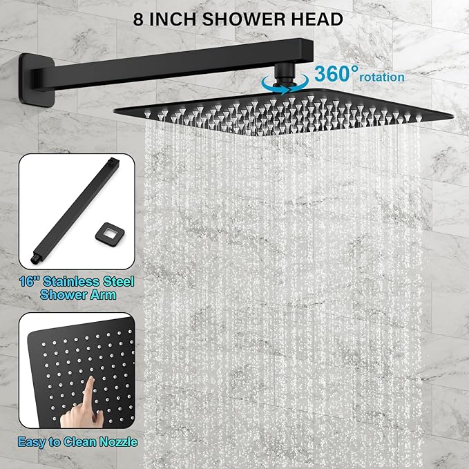 Black Shower Faucet Set, Rainfall Shower System with Square Shower Head and Handle Set, Wall Mounted Shower Fixtures, Full Metal Trim Repair Kit 8 inch Matte Black (With Shower Valve)