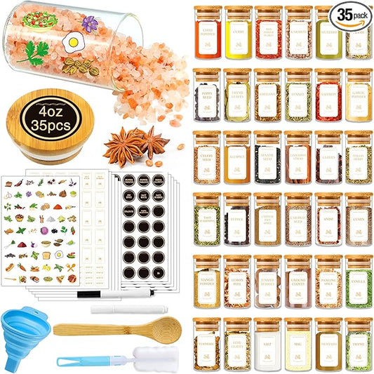 Spice Jars with Labels, 35 Pcs 4 oz Glass Spice Jars with Bamboo Lids, Minimalist Stackable Airtight Spice Containers with 426 labels for Home Kitchen, Pantry, Spice Cabinet, Drawer, Rack
