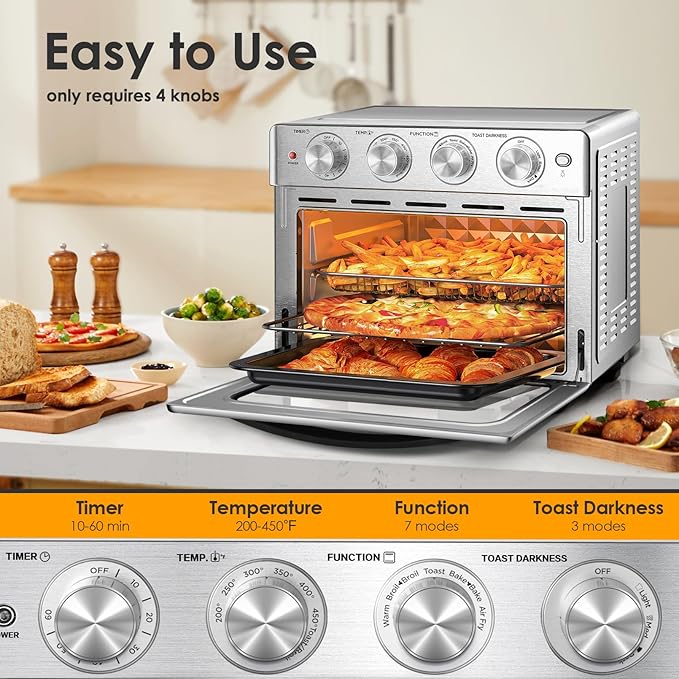 Geek Chef 25 QT Extra Large Air Fryer, Convection Toaster Oven with 6 Slice Toast, Bake, Roast, Pizza, Stainless Steel