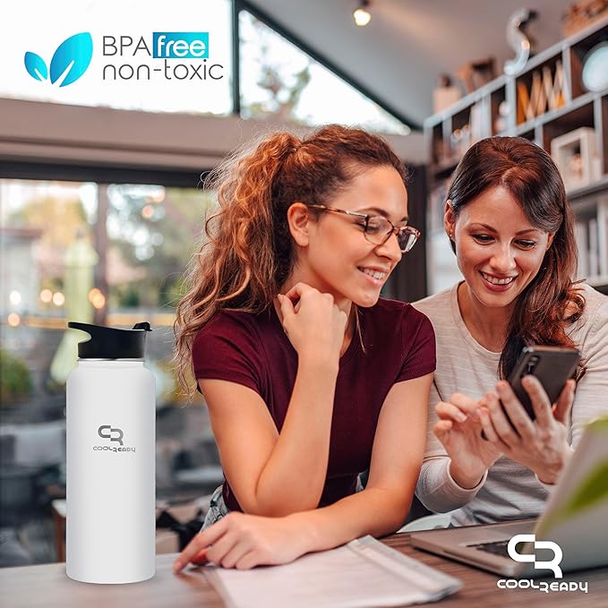 40oz Insulated White Water Bottle With Straw and Handle Lid, Thermos Coffee, Chug Lid - Double Walled Stainless Steel - Metal Water Bottle for Gym, Water Bottles Aesthetics