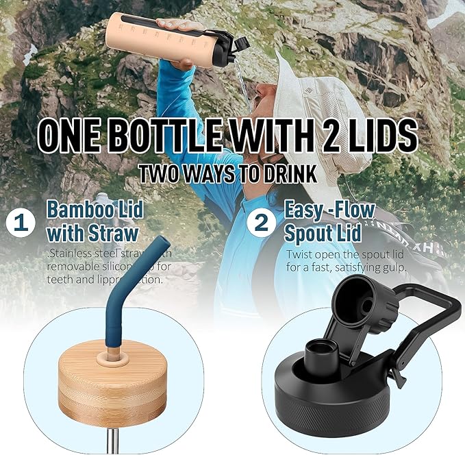 Glass Water Bottles with Straw -24oz- Water Bottle Phone Holder for Gym Sports Water Bottles with Silicone Sleeve Glass Drinking Bottles 2 Lids - Spout & Bamboo Straw Lid(Dark Blue)