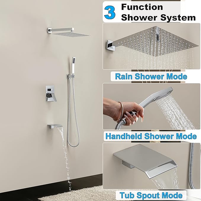 10 Inch Shower Faucet Set with Tub Spout Wall Mounted Shower System for Bathroom with High Pressure 10 Inch Rain Shower head and Handheld Shower Head Set, Polished Chrome