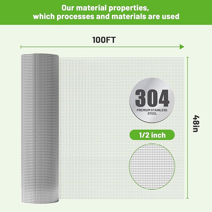 Stainless Steel 304 Welded Wire Fence Roll, Chicken Wire, 1/2 Inch Hardware Cloth, Supports Poultry Netting Cage Fencing, Keep The Animals Out, Protecting New Plants(48inx100ft)