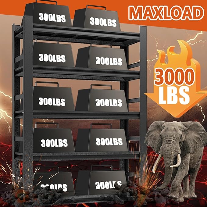 Heavy Duty 5-Tier Garage Shelf Steel Unit 3000lb Capacity | Garage & Basement Storage | Industrial Metal Shelving for Warehouse Workshop | Adjustable Rust-Resistant (72"H x 36"W x 16"D, Black)