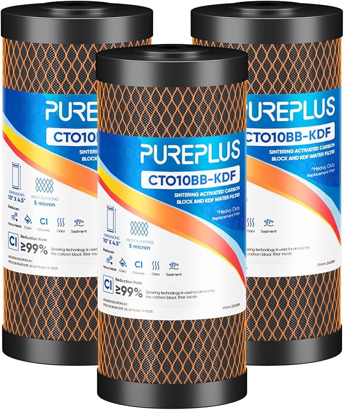 PUREPLUS 5 Micron 10" x 4.5" Whole House Coconut Shell Activated Carbon and KDF Water Filter, Heavy Metal Removal Replacement Water Filter, CTO10BB-KDF, 3 PACK