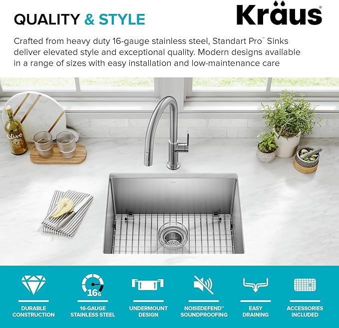 KRAUS Standard PRO 23-Inch 16 Gauge Undermount Single Bowl Stainless Steel Kitchen Sink, KHU101-23