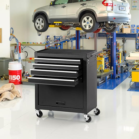 Tool Chest 4 Drawers Garage Storage Cabinet Steel Frame Tool Chest with Wheels, Top Storage Rack, Rubber Mat, Side Handle for Warehouses and Workshop, Black