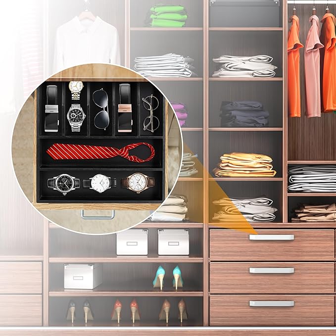 Bellsal Bamboo Silverware Drawer Organizer, Utensil Kitchen Drawer Organizer, Utensil Holder Cutlery Tray with Grooved Drawer Dividers for Kitchen Utensils and Flatware Bedroom Office (7 Slot, Black)