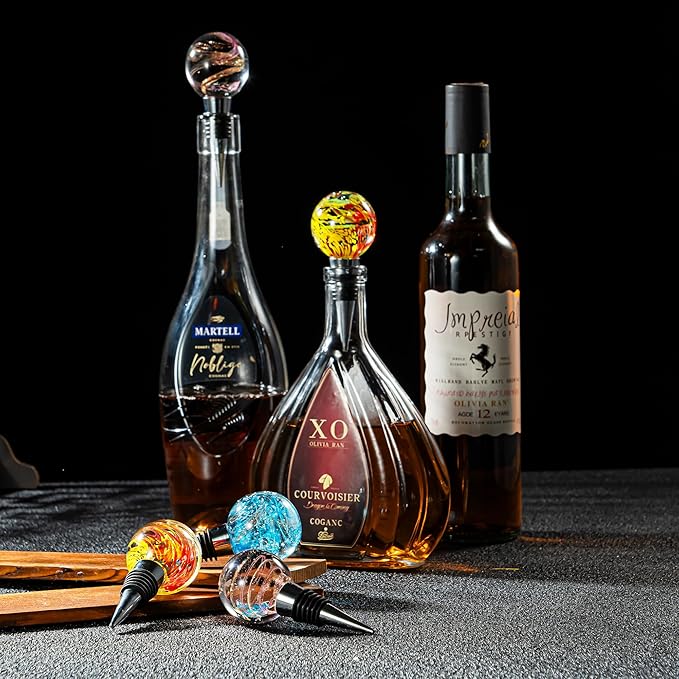 Murano Glass Wine Stopper Bottle Stopper - Wine Saver, Reusable Wine Corks for Beverage, Stainless Steel Wine Stopper For Gifts, Bar, Holiday Party, Wedding