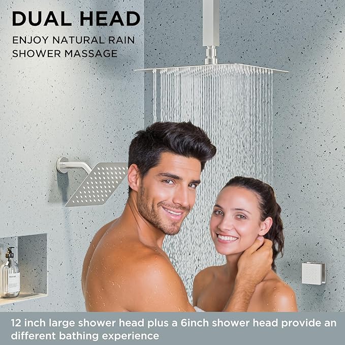 Shower Systems with 4 Body Spray Jets, STARBATH 4 Way 12+6" Rainfall Shower Head with Handheld Combo, Ceiling Mounted Shower Jets System in Wall Shower Faucet Sets Complete, Brushed Nickel
