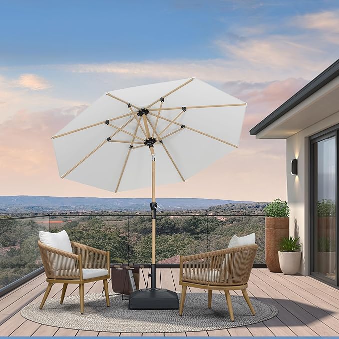 PURPLE LEAF 8 Feet Patio Umbrella Outdoor Table Umbrella Aluminum Market Umbrella with Push Button Tilt & 8 Sturdy Ribs and Crank Round Commercial Sun Umbrella for Garden Patio Balcony, Cream