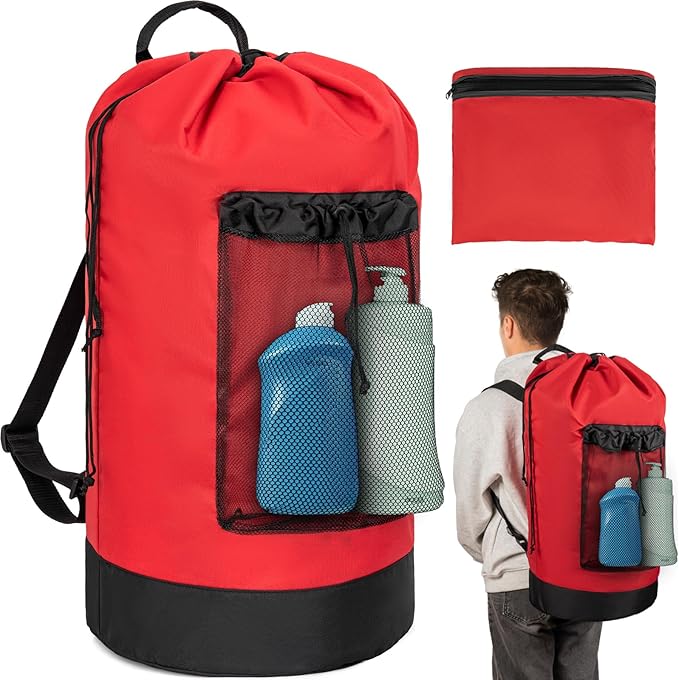 Laundry Bag Backpack with Shoulder Straps and Mesh Pocket Foldable Laundry Hamper for College, Apartment, Laundromat (Red)