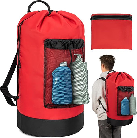 Laundry Bag Backpack with Shoulder Straps and Mesh Pocket Foldable Laundry Hamper for College, Apartment, Laundromat (Red)