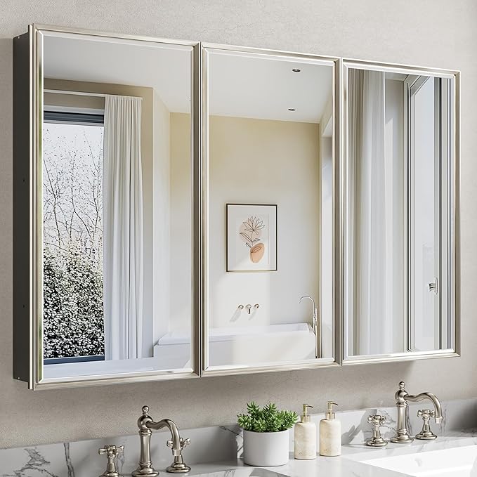 48x30 Brushed Nickel Medicine Cabinet, Recessed or Surface Large Framed Medicine Cabinet with 3 Beveled Mirror Door & Adjustable Shelves, Shatterproof, Pre-Assembled Bathroom Storage Cabinet