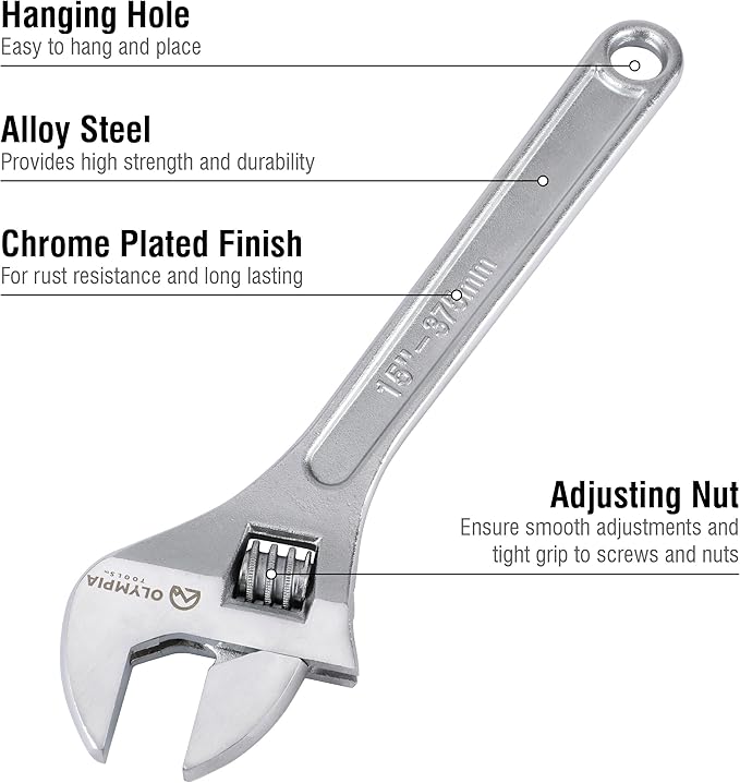 Olympia Tools 15" Adjustable Wrench, Heavy Duty Drop Forged Steel, Chrome Plated, Precision Machined Jaws, Rust Resistant