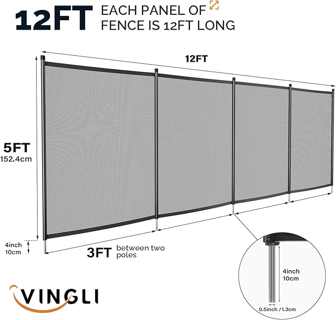 VINGLI 4Ft x 12Ft Black Pool Fence Swimming Pool Fence in Ground Pool Safety Fencing