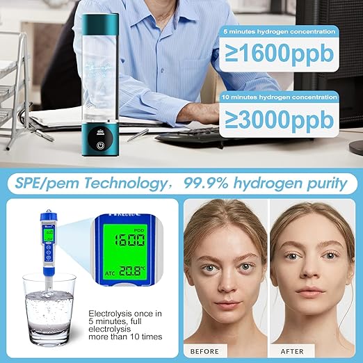 Hydrogen Water Bottle. Generates Real 3000ppb Pure Hydrogen Rich Concentration, Food Grade Body Tumbler; SPE/pem Technology. Dupont Membrane, Purification Vent, OLED Display.
