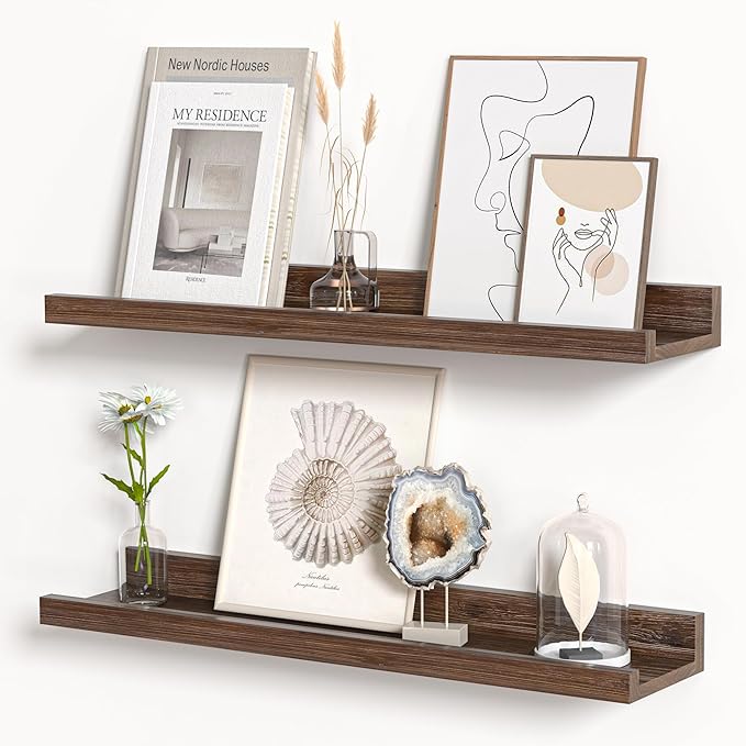 Floating Shelves for Wall, Picture Ledge Shelf 24 Inch Solid Wood Set of 2, Rustic Wall Shelves with Lip, Kids Bookshelf, Photo & Picture Live Edge Floating Shelves for Bedroom, Living Room, Kitchen