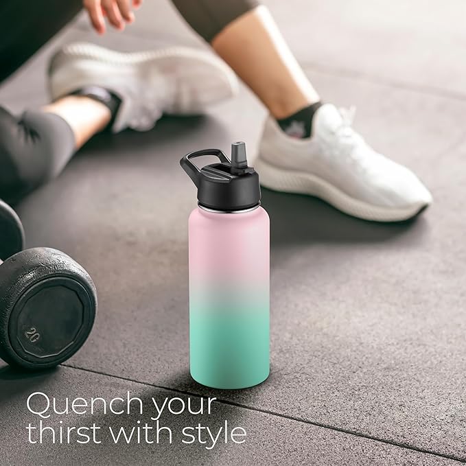 SipX™ Triple-Insulated Stainless Steel Water Bottle 32oz. With 3 Lids, BPA-Free Reusable Insulated Water Bottle Keeps Cold 24 Hours, Metal Water Bottle Made Of Sustainable Material For Hiking & Biking