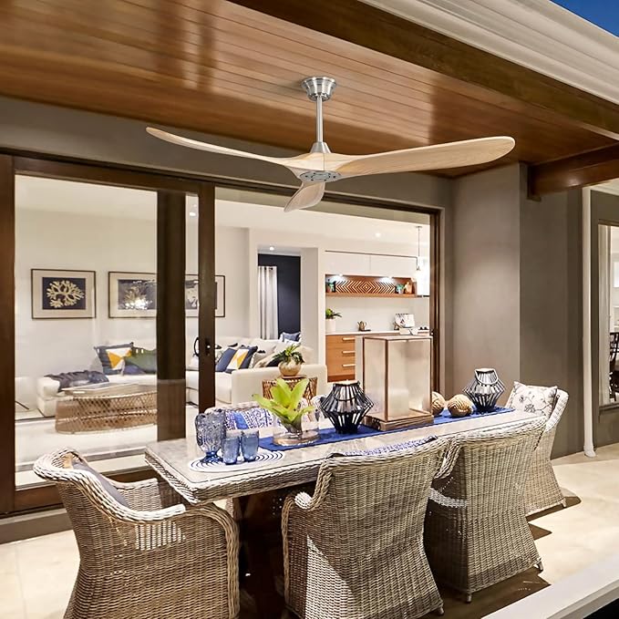 Sofucor 60" Ceiling Fan no Light and Remote Control, Outdoor Ceiling Fan Without Light, 3 Blade Ceiling Fan with Quiet Energy Saving Motor, 6 Speeds, Light Wood Grain