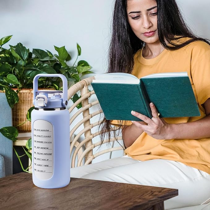 BLUEGO 64oz Insulated Water Bottle with Straw and Handle Leakproof Half Gallon Wide Mouth Motivational Water Bottle, 2-IN-1 Straw Spout Lid Stainless Steel Water Jug for Sport Travel Gym-Light Blue