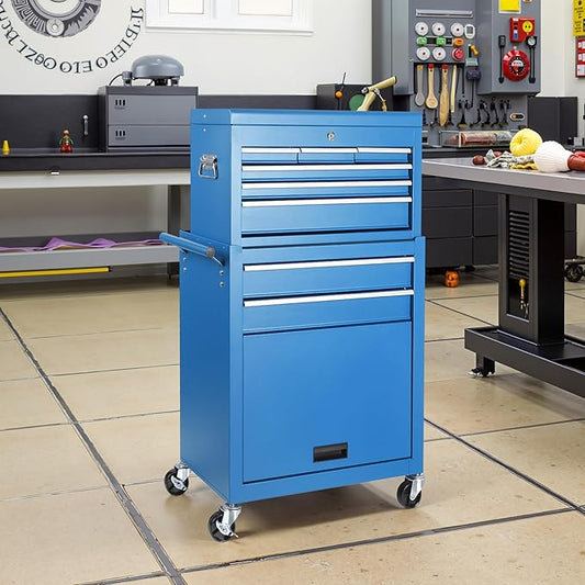 Tool Chest 8 Drawers Garage Storage Cabinet 2 in 1 Steel Frame Tool Chest with Wheels, Liner, Detachable Top, Lockable Wheels and Side Hooks for Garage, Blue