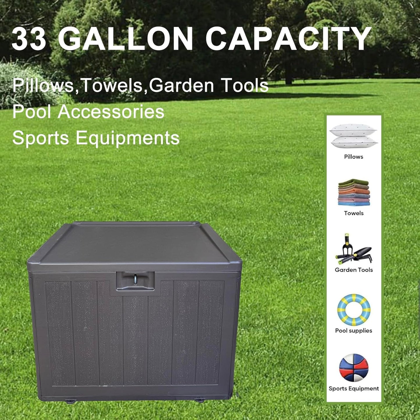 33 Gallon Small Storage Box with Lid,Waterproof Indoor Outdoor Storage Container for Package Delivery,Patio Cushions, Gardening Tools, Pool Accessories, Lockable Resin Deck Box with handle