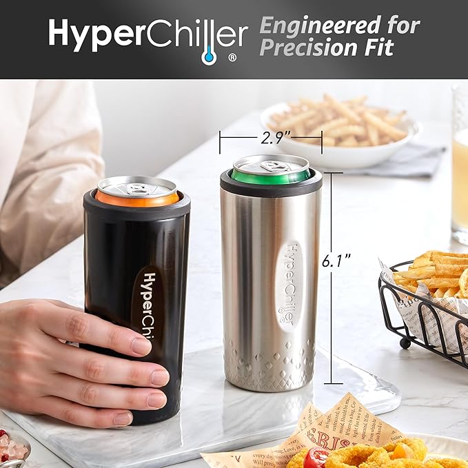NEW HyperChiller SLIM HBC100SS, Dual Wall Vacuum Insulated, Slim Can Cooler, Beer, Soda, Energy Drinks, Seltzer, Wine Cooler, Fits All Standard 12 OZ Slim Cans, Cup Holder Friendly, Stainless Steel