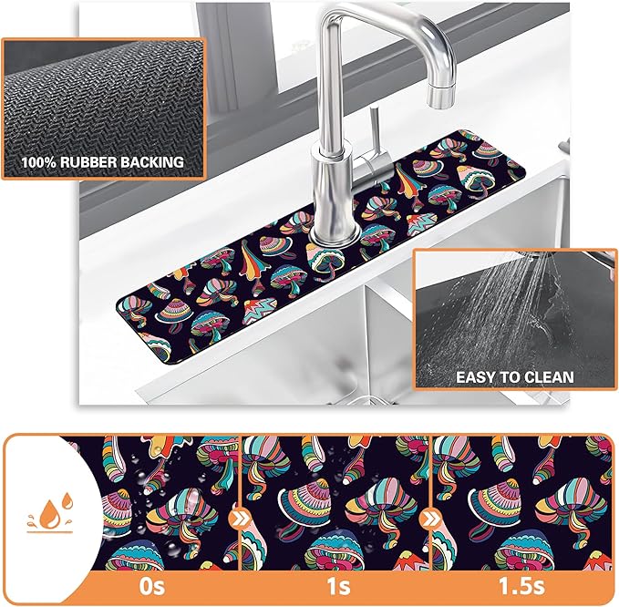 Kitchen Faucet Mat Magic Mushrooms Kitchen Sink Splash Guard Faucet Mat,1 PC Splash Guard Behind Faucet Drip Catcher for Kitchen,Sink Mat,Dish Drying Mat,Bathroom Faucet Mat 23.5""X5.5""