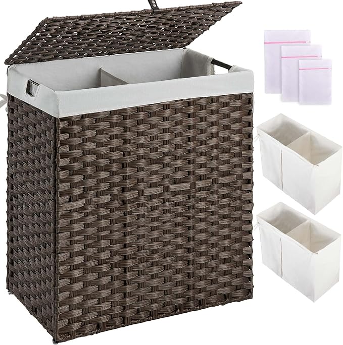 Greenstell Laundry Hamper with lid, No Install Needed, 110L Wicker Laundry Baskets Foldable 2 Removable Liner Bags, 2 Section Clothes Hamper Handwoven Rattan Laundry Basket with Handles, Brown
