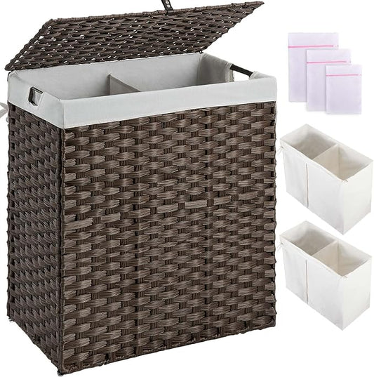 Greenstell Laundry Hamper with lid, No Install Needed, 110L Wicker Laundry Baskets Foldable 2 Removable Liner Bags, 2 Section Clothes Hamper Handwoven Rattan Laundry Basket with Handles, Brown