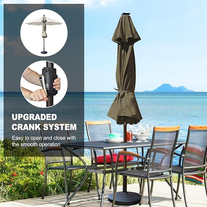 Eurmax USA 10-Year-Non-Fading 10Ft Solar Market Umbrella Outdoor Patio Umbrella Table Umbrella with LED Lights,8 Ribs,Hand Crank and Ventilation (Taupe)
