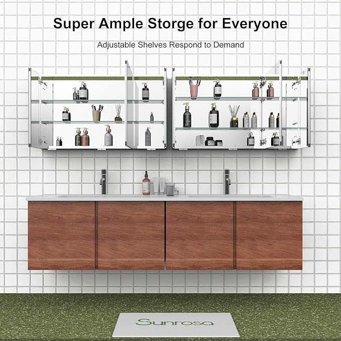 Sunrosa Aluminum Bathroom Medicine Cabinet with Mirror Door, 48" x 27.5", 3-Door Wall-Mounted & Recessed Bathroom Medicine Cabinet Organizer