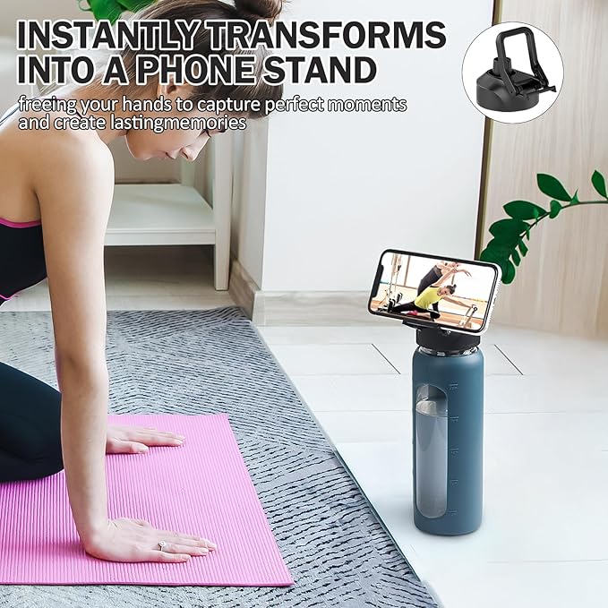 Glass Water Bottles with Straw -32oz- Water Bottle Phone Holder for Gym Large Motivational Water Bottle with Time Marker Glass Drinking Bottles 2 Lids - Spout & Bamboo Straw Lid(Dark Blue)