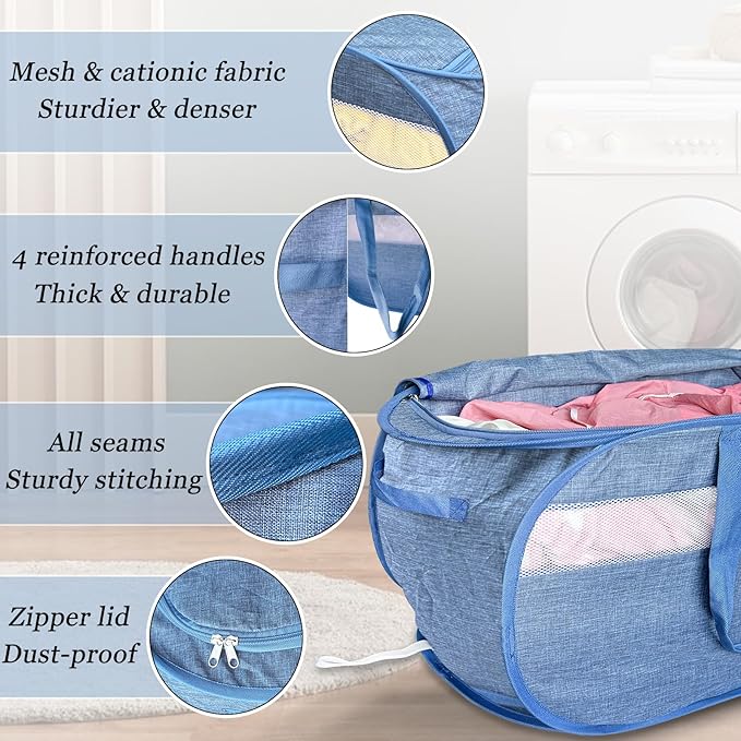 Upgraded 100L Extra Large Mesh Pop Up Laundry Hamper with Lid and Handles. XL Closet Storage Bins, Dirty Clothes Basket for Dorm Home, Foldable Laundry Basket. Blue. H