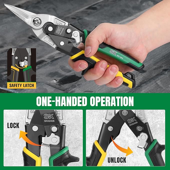 SK 10 Inch Aviation Tin Snips, Straight Cut, Cr-Mo Steel Blade, Anti-slip Handle and Safety Latch, for Cutting Sheet Metal